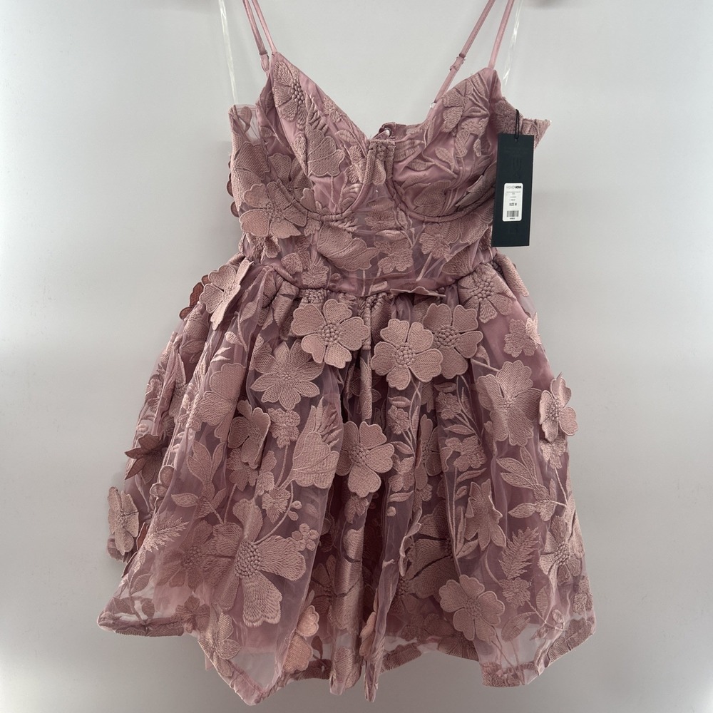 NWT Pink Floral Embroidered Corset Mini Dress Lace-Up Back Adjustable Strap Sz M